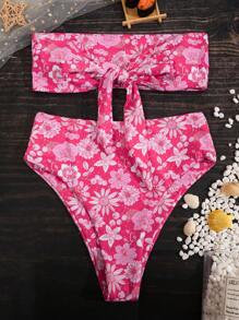 Floral Bikini Set Knot Bandeau Bra & High Waisted Bottom 2 Pieces Bathing Suit, For Summer Beach Vacation - Pink - View 3