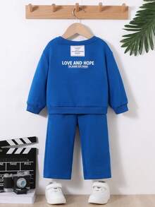 SHEIN 男嬰標語圖案落肩袖衛衣和衛褲 - 寶藍色 - 查看 3