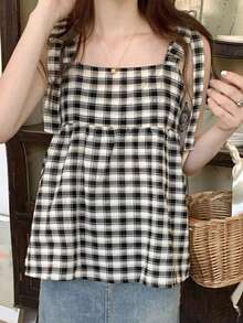 复古格子宽松系带女式背心，夏季休闲款 - 黑與白 - 查看 2
