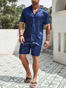Manfinity Homme Men Leopard Jacquard Shirt & Shorts - Navy Blue - View 7