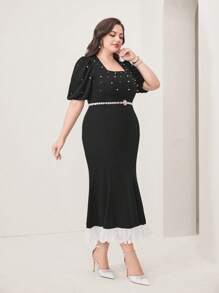 Modelyn Plus Pearls Beaded Puff Sleeve Mermaid Hem Dress
