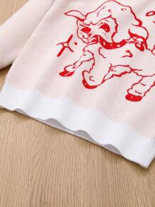 SHEIN Tween Girl Cartoon Pattern Contrast Trim Sweater - White - View 5