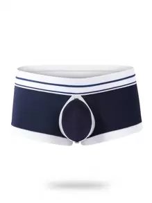 Men's Navy Blue And White Striped Knitted Fabric Boxer Briefs With Contrast Binding Naughty Style Underwear Medium Stretch - Blue and White - View 4
