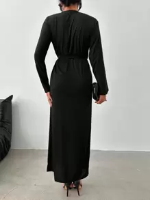 EURMUSE Solid Plunging Neck Wrap Hem Dress - Black - View 2