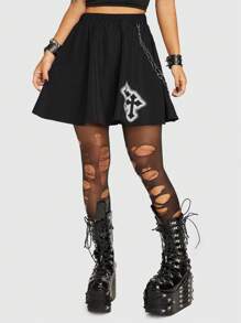 ROMWE Grunge Punk Vượt qua In Hem xòe Váy - màu đen - Xem 1