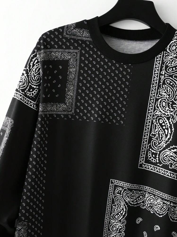 Men Paisley Scarf Print Drop Shoulder Sweatshirt, Fall, Long