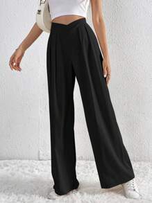 SHEIN Tall Pantalones de pierna ancha unicolor con bolsillo oblicuo - Negro - Ver 3