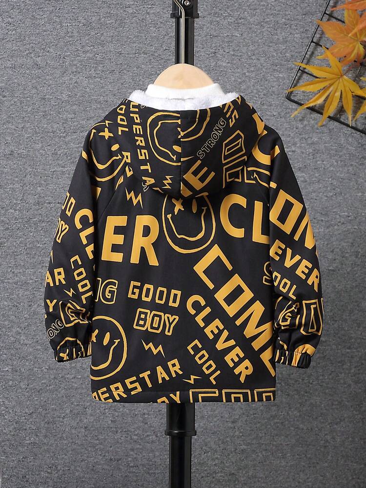 Young Boy Letter Graphic Thermal Lined Hooded Coat Without Sweater