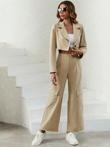 SHEIN Essnce Lapel Neck Crop Blazer & Flap Pocket Wide Leg Pants - Apricot - View 3