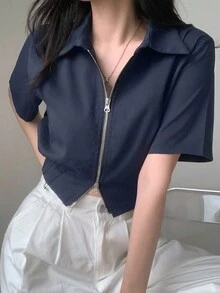 2025 少女夏装女装纯色双拉链短袖休闲衬衫