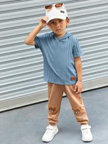 SHEIN 男小童貼布細節連帽T恤 - 霧霾藍 - 查看 3