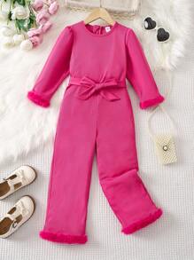 SHEIN 女小童毛茸邊腰帶連身褲 - 玫紅色 - 查看 1