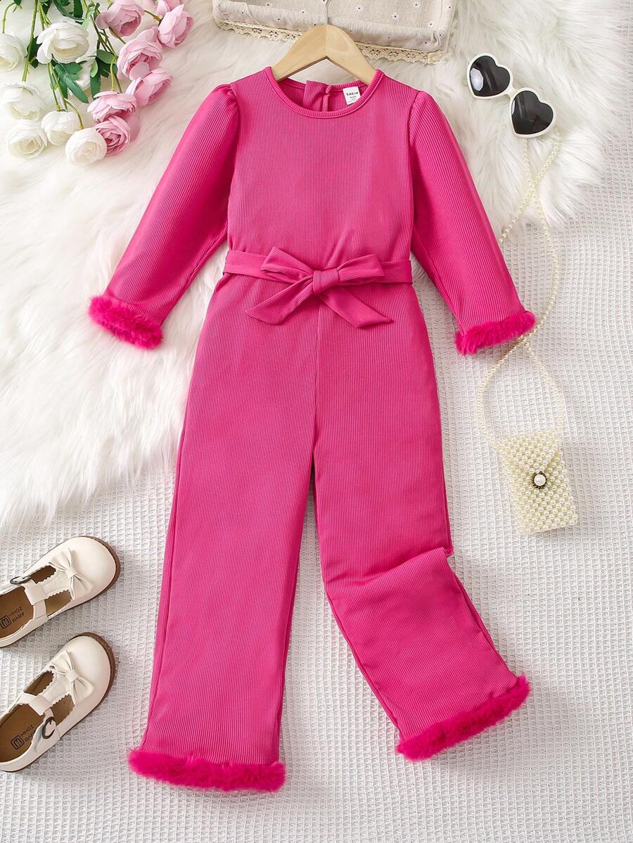 SHEIN 女小童毛茸邊腰帶連身褲 - 玫紅色 - 查看 1