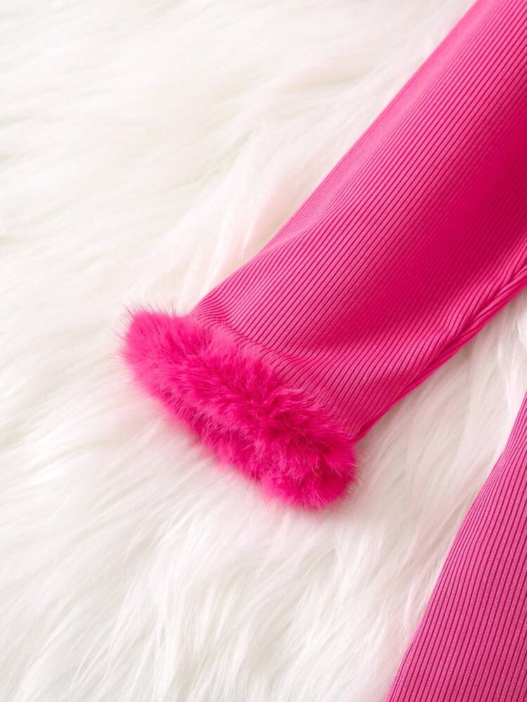 SHEIN 女小童毛茸邊腰帶連身褲 - 玫紅色 - 查看 6