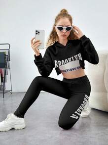 SHEIN 青少年女孩字母圖案短款連帽衫&緊身打底褲&背心上衣 - 黑色 - 查看 3