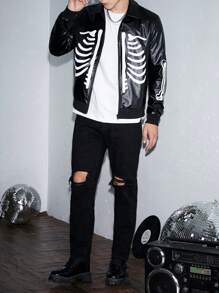Manfinity RebelGame Áo khoác da PU in hình bộ xương Halloween rộng rãi cho nam có khóa kéo - màu đen - Xem 3