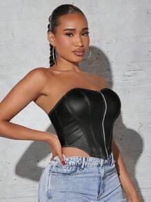 SHEIN SXY Zip Front PU Leather Tube Top - Black - View 5