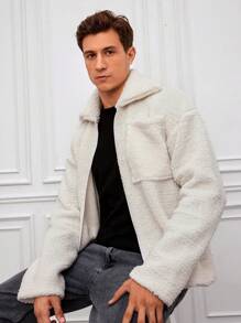 SHEIN Cottnline Men 1pc Zip Up Drop Shoulder Teddy Jacket - White - View 6