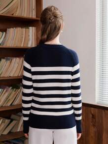 SHEIN Frenchy Striped Pattern Button Detail Raglan Sleeve Sweater - Navy Blue - View 3