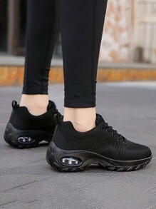 女性透氣舒適運動鞋帶氣墊鞋底,輕便,防滑,黑色跑步鞋,休閒步行鞋 - 黑色 - 查看 2