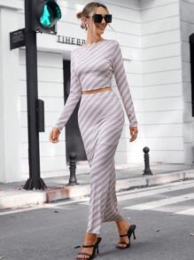 SHEIN Essnce 條紋印花短款T恤&鉛筆裙 - 彩色 - 查看 4