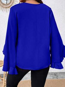 SHEIN Clasi Plus Tie Neck Flare Sleeve Blouse - Royal Blue - View 2