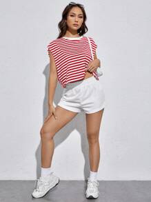 SHEIN EZwear Striped Batwing Sleeve Tee - Red and White - View 5