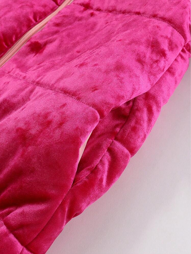 SHEIN 年轻女孩拉链连帽天鹅绒填充大衣 - 玫紅色 - 查看 7