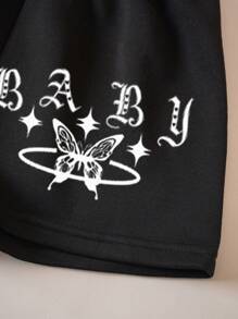 SHEIN EZwear 標語圖案加絨內裏運動衫&運動短褲和運動褲 - 黑色 - 查看 4