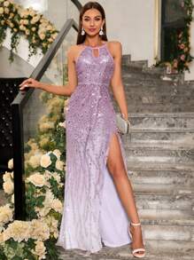 Keyhole Neck Split Thigh Sequin Formal Dress - Purple - View 3