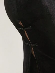 SHEIN SXY 中国龙纹开衩大腿丝绒裙新年夜派对性感夜店 - 黑色 - 查看 5