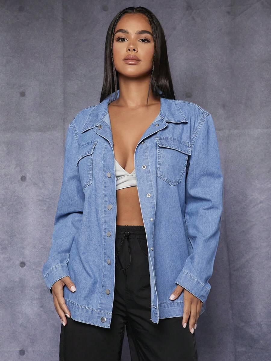 SHEIN PETITE Túi có nắp Nút phía trước Áo sơ mi denim - Rửa nhẹ - Xem 1