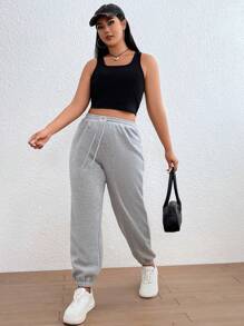 SHEIN EZwear Hơn Eo dây rút Quần thể thao - Màu Xám nhạt - Xem 3