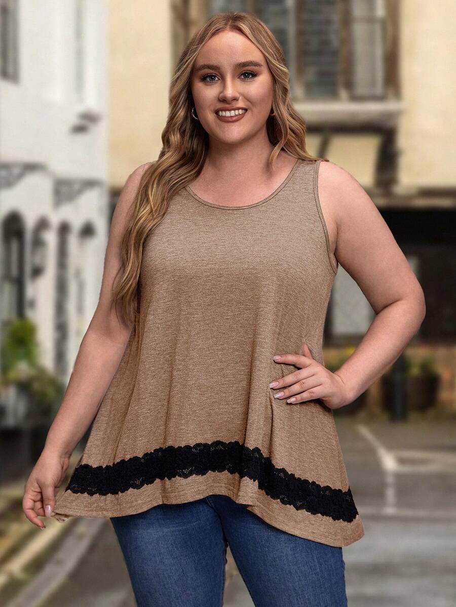 EMERY ROSE 大碼蕾絲拼接背心上衣 - 卡其色 - 查看 1