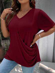 EMERY ROSE T-shirt arricciata e avvolta tinta unita di taglia forte - Bordò - Visualizzare 5