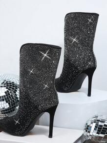 SHUZIA Rhinestone Decor Side Zipper Stiletto Boots