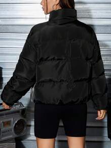 SHEIN EZwear Dog Print Drop Shoulder Zipper Padded Coat - Black - View 2