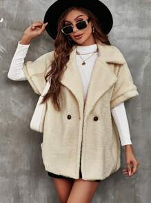 SHEIN Unity Batwing Sleeve Double Button Teddy Coat - Apricot - View 1