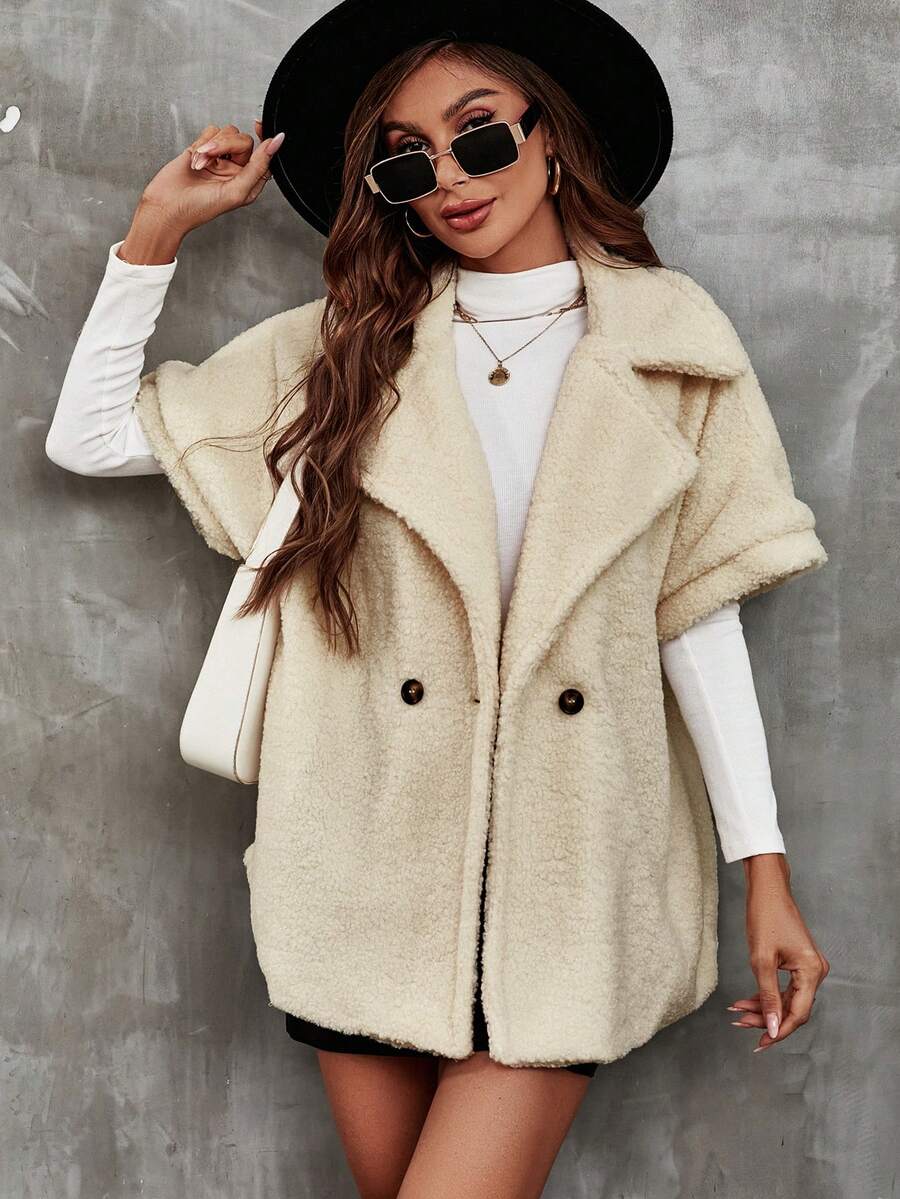 SHEIN Unity Batwing Sleeve Double Button Teddy Coat - Apricot - View 1