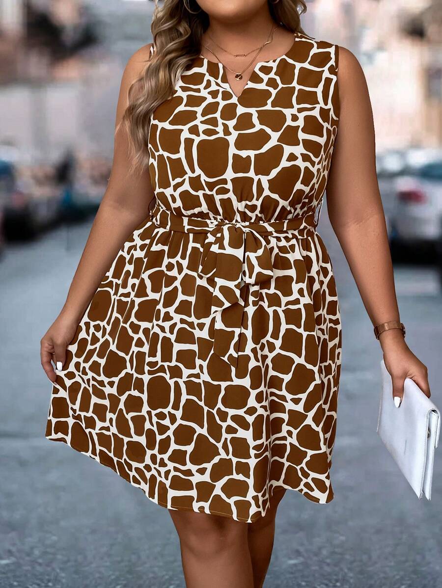 SHEIN LUNE Hơn In Toàn bộ Đường viền cổ có rãnh Váy có thắt lưng - màu nâu - Xem 1