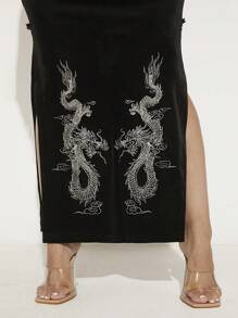 SHEIN SXY 中国龙纹开衩大腿丝绒裙新年夜派对性感夜店 - 黑色 - 查看 4