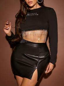 SHEIN SXY Rhinestone Fringe Hem Crop Sweatshirt Pullover Fall Outfit - Black - View 3