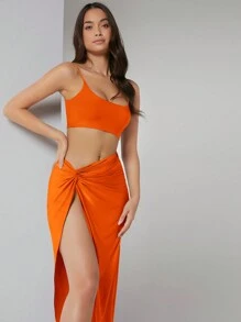 SHEIN BAE 素色吊帶短上衣&扭結高衩裙子套裝 - 橘色 - 查看 3
