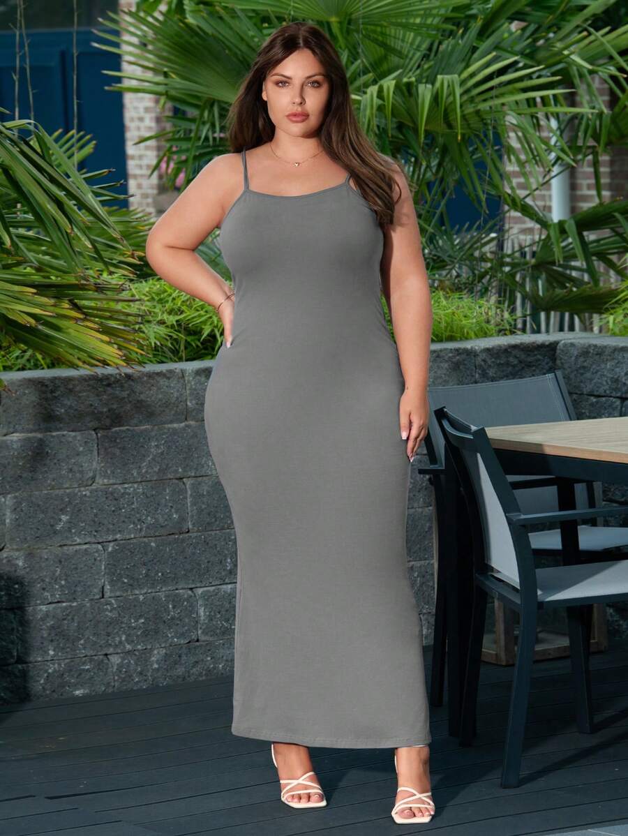 SHEIN Essnce Plus Solid Cami Dress - Grey - View 1