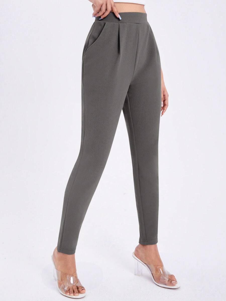 SHEIN Essnce Solid Slant Pocket Skinny Pants - Dark Grey - View 1