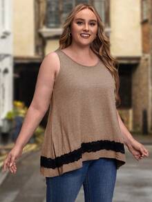 EMERY ROSE 大碼蕾絲拼接背心上衣 - 卡其色 - 查看 3