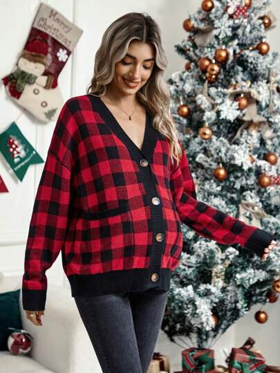 SHEIN Kardigan ciążowy w kratę Buffalo z opadającymi ramionami, na zimę