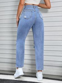 SHEIN EZwear Ripped Straight Leg Jeans - Medium Wash - View 2
