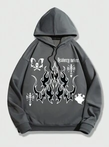 ROMWE MEN Street Life Các bạn Ngọn lửa & In bướm Dây rút Hoodie - Xám - Xem 1