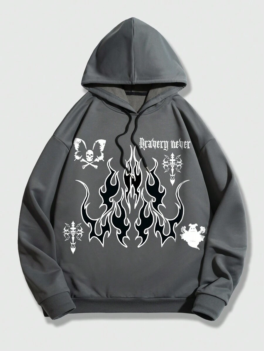 ROMWE MEN Street Life Các bạn Ngọn lửa & In bướm Dây rút Hoodie - Xám - Xem 1